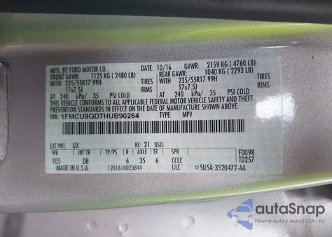 2017 Ford Escape Se из США, поврежденный, VIN 1FMCU9GD7HUB90264